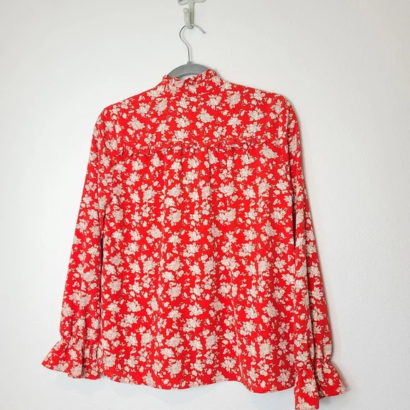 ZARA Floral Print Ruffles Tie Front Shirt Blouse Red - Picture 10 of 12